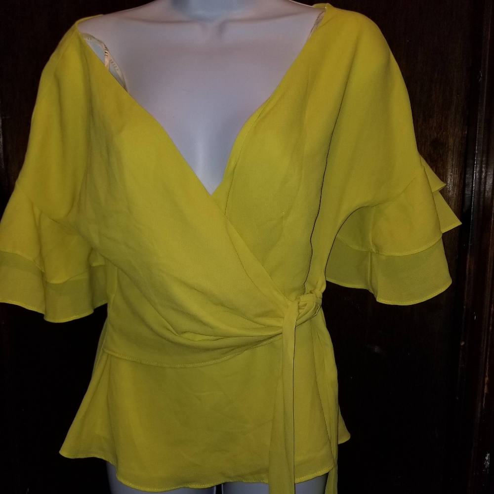Yellow Wrap Top with Ruffle Sleeves